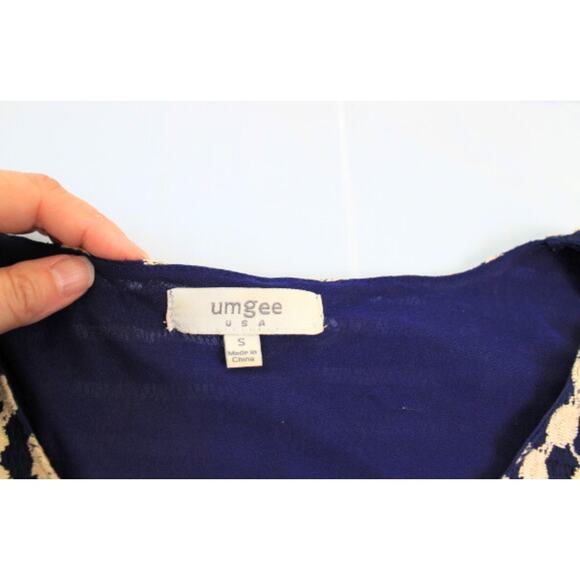 Umgee Crochet Dress Navy Tan Size Small Lined Bell Sleeves Boho Cottage - Picture 5 of 6